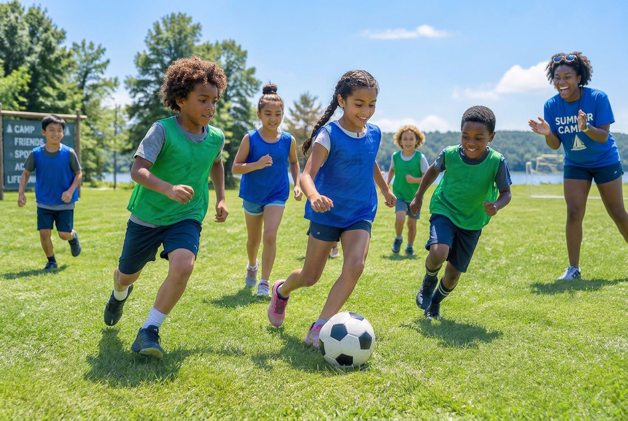 Children run after a soccer ball on a sunny summer camp field